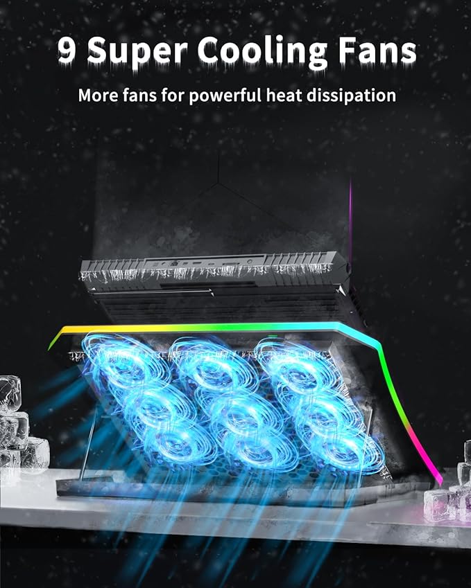 KeiBn 9 Fans &amp 5.5inch Powerful Cooling Fan Free Height Adjustment 10 RGB Lights Phone Stand-Blue