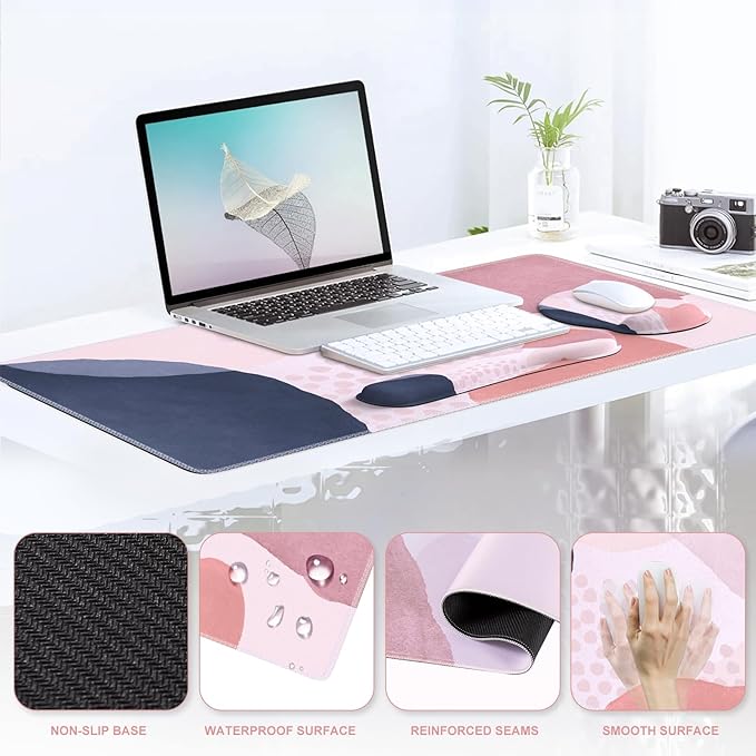 iCasso Desk Mat Gaming Mouse Pad Wrist Support Set XXL Large Mousepad + Keyboard Wrist Rest+Mouse Wrist Rest+Coastert with Ergonomic Design for Home Office Computer (C-Four-Pink-Block)