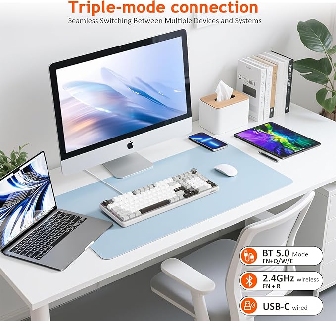 Wireless Mechanical Gaming Keyboard Tri-Mode Connectivity (Bluetooth 5.0/2.4GHz/USB-C) Hot-Swappable RGB Backlit101-Key Layout Keyboard with Volume Knob for PC Laptop Tablet
