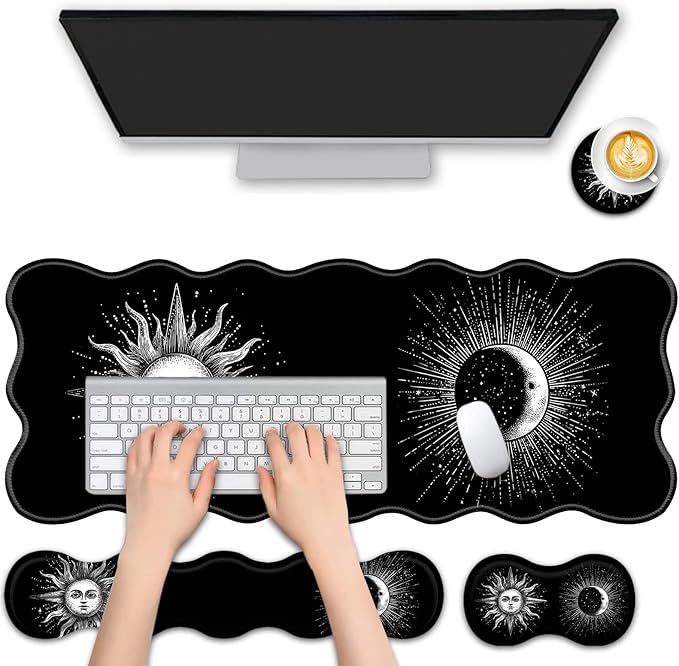 4 in 1 Desk Mat SetMouse Pad with Keyboard Wrist RestWave-Shaped DesignNon-Slip Rubber BaseWaterprooffor HomeOfficeGamingSun and Moon