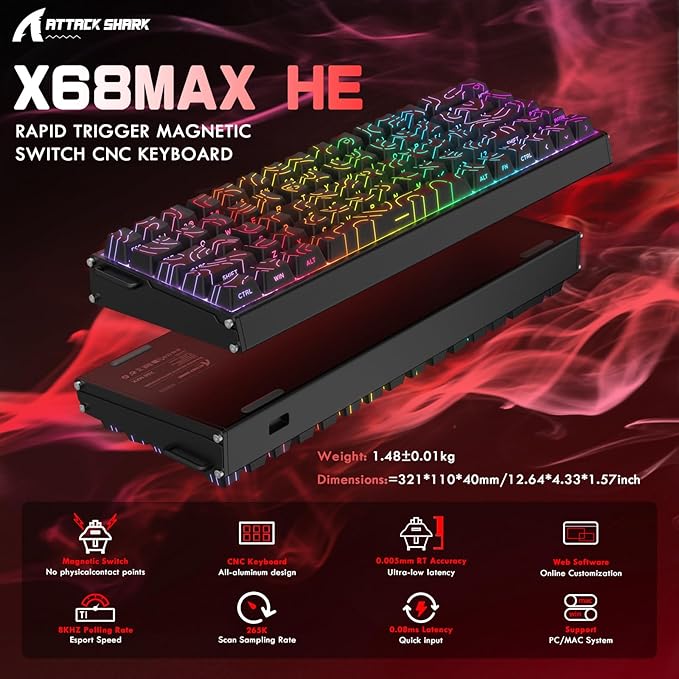ATTACK SHARK X68MAX HE 60% Wired Magnetic Switch KeyboardFull Aluminum CNC0.005mm RT Accuracy8KHz Rapid Trigger Mechanical Gaming KeyboardAdjustable ActuationRGB Coiled Cable for FPS GamesBlack