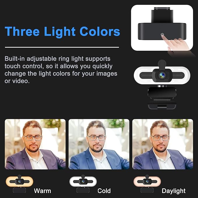 1080P Webcam with Microphone for Desktop USB PC Laptop Computer Camera with Ring Light &amp Webcam Cover 3 Light Colors 110 Wide Angles View Plug and Play