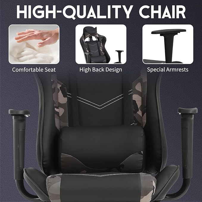 BLKMTY Massage Gaming Chair with Footrest Ergonomic Office Chair Racing Computer Chairs PU Leather with High Back Lumbar Support Headrest Reclining Chairs Camo