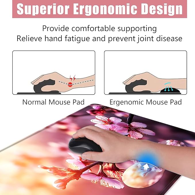 Large Keyboard Mouse Pad Set Extended Mouse Pad+Keyboard Wrist Rest Support Memory Foam Ergonomic Easy Typing 4Pcs (31.5×11.8 in) Desk Pad Set for Office HomeCherry Blossom Floral