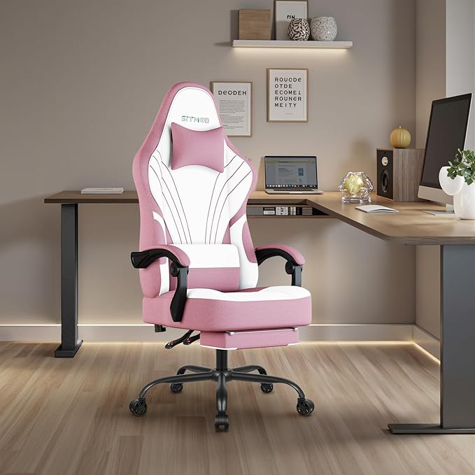 Gaming Chair with FootrestFabric Computer Chair with Pocket Spring CushionHigh Back Comfortable Ergonomic Office Chairs with Lumbar SupportHeight Adjustable Gamer Chair for AdultsPink