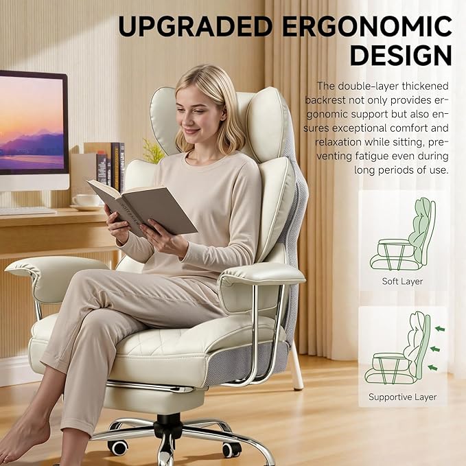 COMHOMA Big and Tall Office Chair High Back Leather Gaming Chair with Footrest Executive Ergonomic Office Chairs with Pocket Spring Lumbar Support and with Outward Fixed Soft Armrests