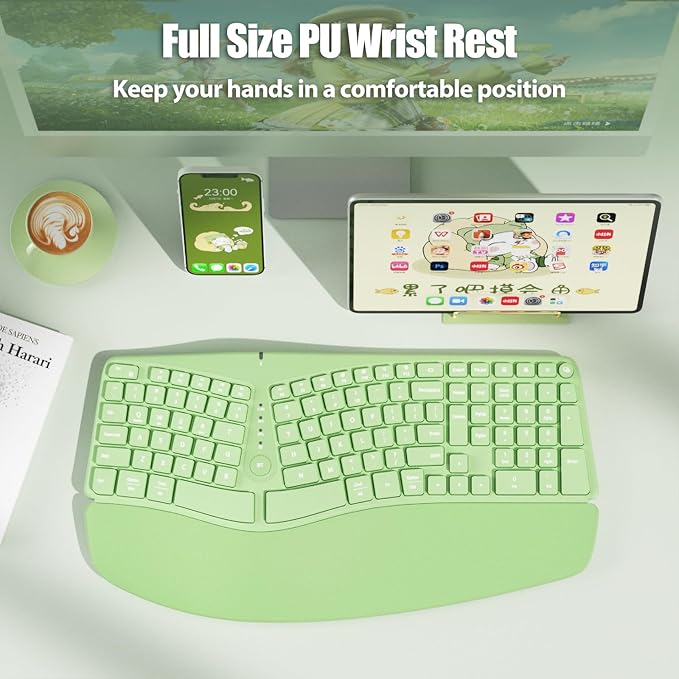Bow Split Ergonomic Keyboard Wireless with Cushioned Wrist &amp Palm Rest Wireless 2.4G/Bluetooth/Wired USB-C Comfortable Natural Typing Compatible with Windows/Mac/PC/Laptop Matcha Green