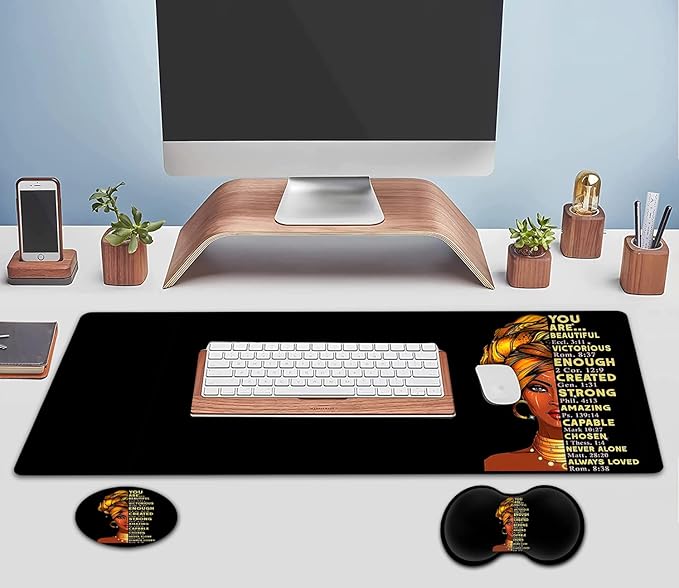 Large Mouse Pad Extended Office Desk Pad 31.5x11.8inErgonomic Memory Foam Mouse Wrist Rest Support for Home Office Computer Writing PadAfrican American Black Queen Women XXL Black Gaming Mouse Mat