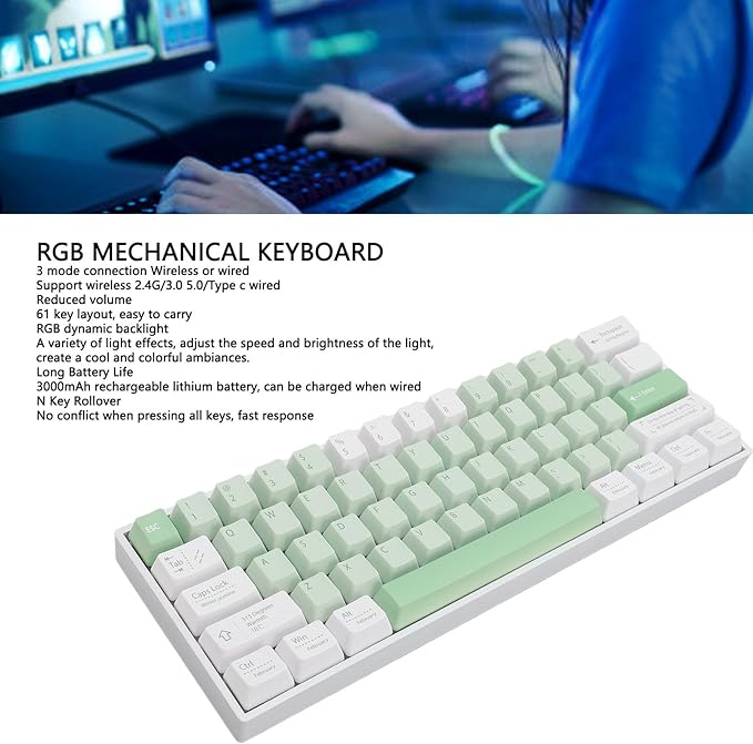 Zunate 60% Gaming Mechanical Keyboard 61 Key RGB Backlit Keyboard Red Switch Triple Mode BT5.0/2.4G Cordless/USB C Hot Swappable Mechanical Keyboard for Android