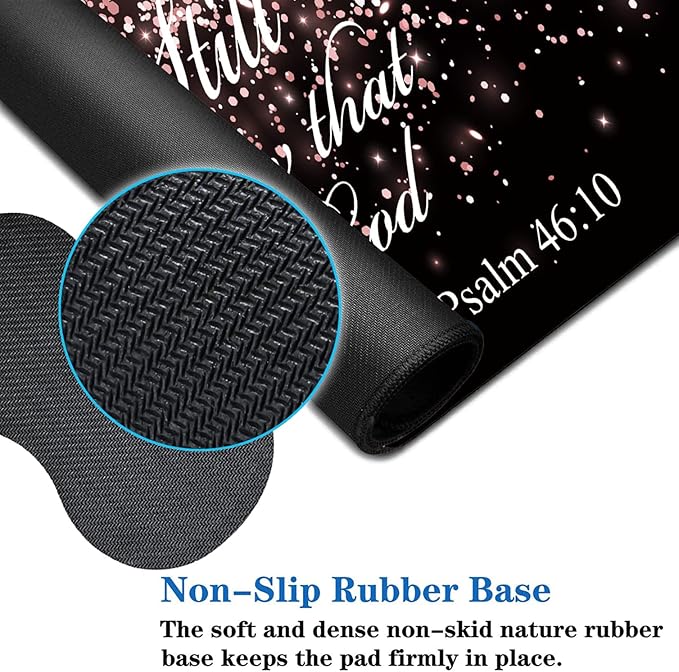 3 Piece Mouse Pad Set with Stitched Edge Large Anti-Slip Mouse Pad Desk Pad Keyboard Pad + Wrist Rest Pad + Coaster Memory Foam Wrist Rest for Office/Home - Rose Gold Glitter Black Psalm46:10
