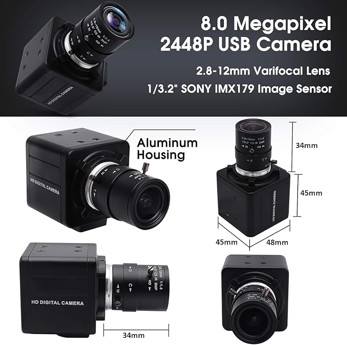 SVPRO USB Camera with Zoom2.8-12mm Varifocal Lens 8MP Manual Focus WebcamHigh Definition USB with Camera for Computer with Sony IMX179 Sensor