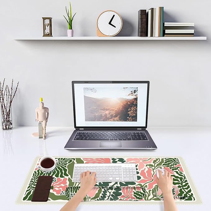 DINKY Floral Desk Mat Large Mouse Pad with Wrist Rest Desk Matt for Desktop Anti-Slip XXL Ergonomic Mousepad with Wrist Support for Keyboard and Mouse Abstract Flower Leaf