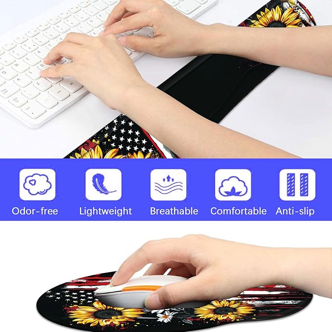 Keyboard Wrist Rest and Mouse Pad Wrist Support Set with CoasterComfortable for Easy TypingPain ReliefMemory Foam Keyboard Pad Set for Laptop MacAmerican Flag Sunflower