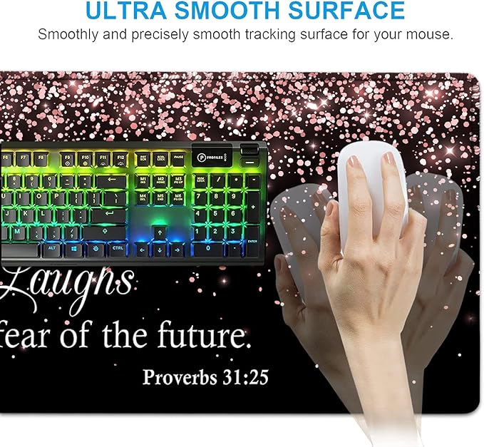 Large Mouse PadErgonomic Mouse Wrist Support+Keyboard Wrist Rest Set+Extended Gaming Mouse Pad Proverbs 31:25 Bible Rose Gold Office Desk Mat Writing Mat Laptop Protector Accessories Black Desk Pad
