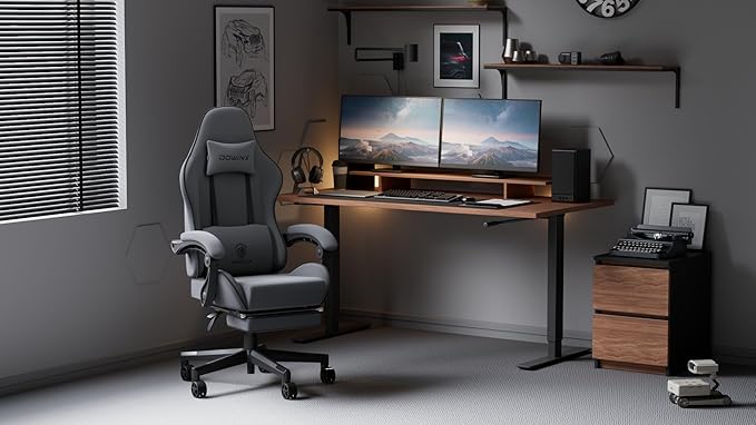 Dowinx Gaming Chair Fabric with Pocket Spring Cushion Massage Game Chair Cloth with Headrest Ergonomic Computer Chair with Footrest 290LBS Black and Grey