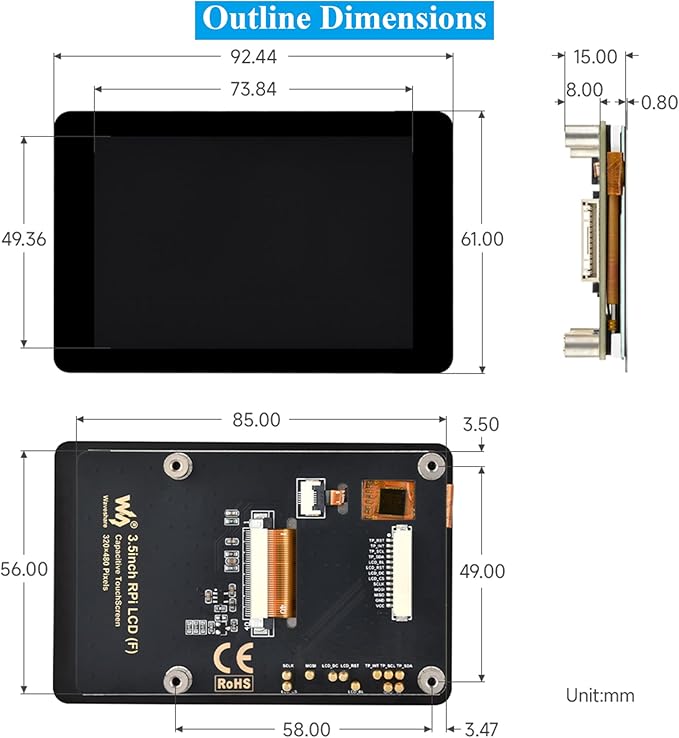 3.5inch Capacitive Touch Screen Compatible with Raspberry Pi 5/4B/3B+/3B/3A+/Pico W/Pico 2W/ ESP32 320x480 IPS LCD 5-Point Touch SPI and I2C Interfaces Pigo Pin or 13PIN Cable Dual Connections