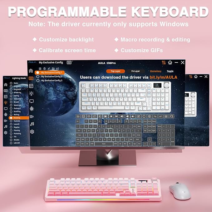 AULA S98 Pro Wireless Mechanical Keyboard with Screen &amp Knob2.4GHz/USB-C/BT5.0 Hot Swappable Pink Creamy KeyboardPre-lubed Linear SwitchesSide Printed PBT KeycapsRGB Backlit Gaming Keyboards
