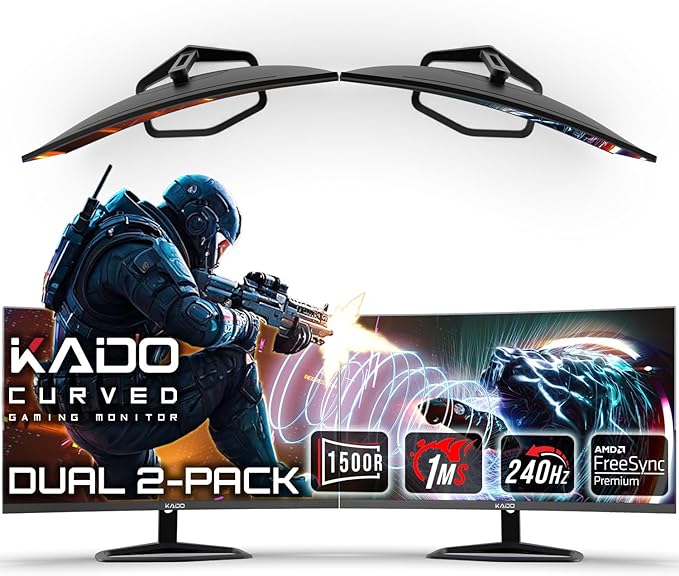 Kado Dual Gaming Monitor Setup - 2-Pack 27 240Hz 1ms Curved 1500R 1920x1080 AMD FreeSync Premium Panoramic Gaming Multi-View Split Screen Streaming VESA Mount HDMI DisplayPort Built-in Speakers