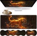 Large XXL Gaming Desk Mat 31.5x 11.8 Ergonomic Keyboard Wrist Rest &amp Mouse Pad Wrist Rest + Coaster Set Non-Slip Base Memory Foam Office and Home Fire Tiger