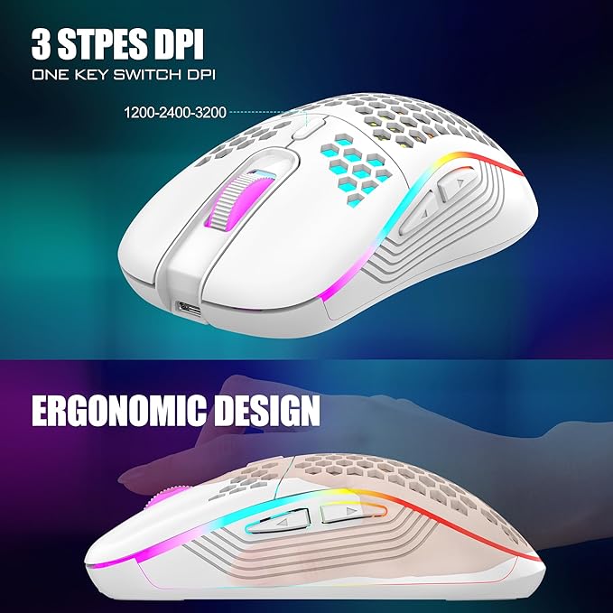 RedThunder 60% Wireless Gaming Keyboard and Mouse Combo 2500mAh Rechargeable Battery Ultra-Compact Small RGB Mechanical Feel Keyboard Lightweight Honeycomb Optical Mouse for Gaming/Business White