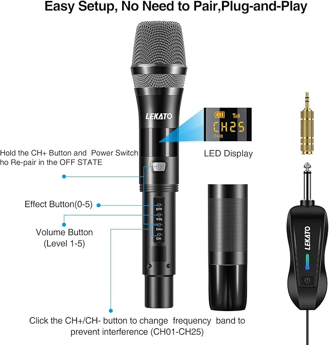 LEKATO Wireless Microphone Rechargeable Wireless Microphones with Receiver Dual Handheld Microphone System Dynamic MIC for Singing Speech Wedding ChurchSpeaker PA System