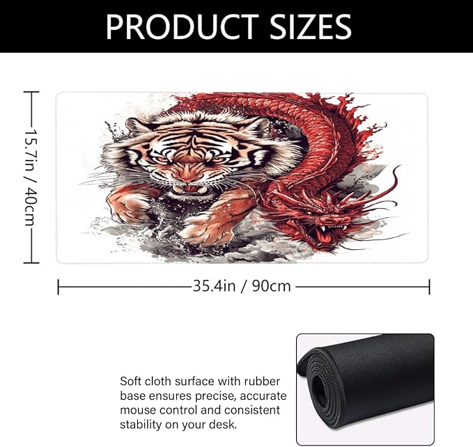 Large Mouse Mat Tiger Dragon Animal Computer Mousepad with Non-Slip Rubber Base Waterproof Mouse Pad Desktop Keyboard Pad for GamerHome School Laptop Office Accessories35.4x15.7 in