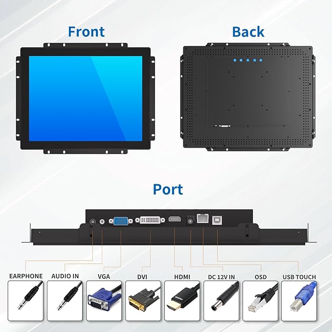 15 Inch Open Frame Touch Monitor PCAP 10-Point Touch Industrial Touchscreen Monitor with HDMI/VGA/DVI Interface Active Matrix TFT LCDLED Backlight with VESA Mount