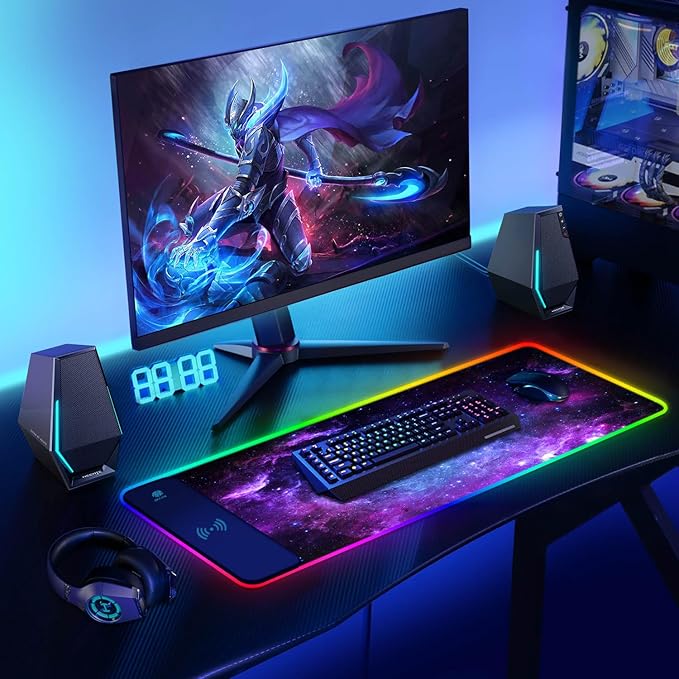 ToLuLu RGB Gaming Wireless Charging Mouse Pad 7.5/10/15W 10 Light Modes LED Mouse Pad Computer Keyboard Mat Mousepad 800x300x4MM Extended Large Desk Mat for MacBook Laptop PC Purple Galaxy Space