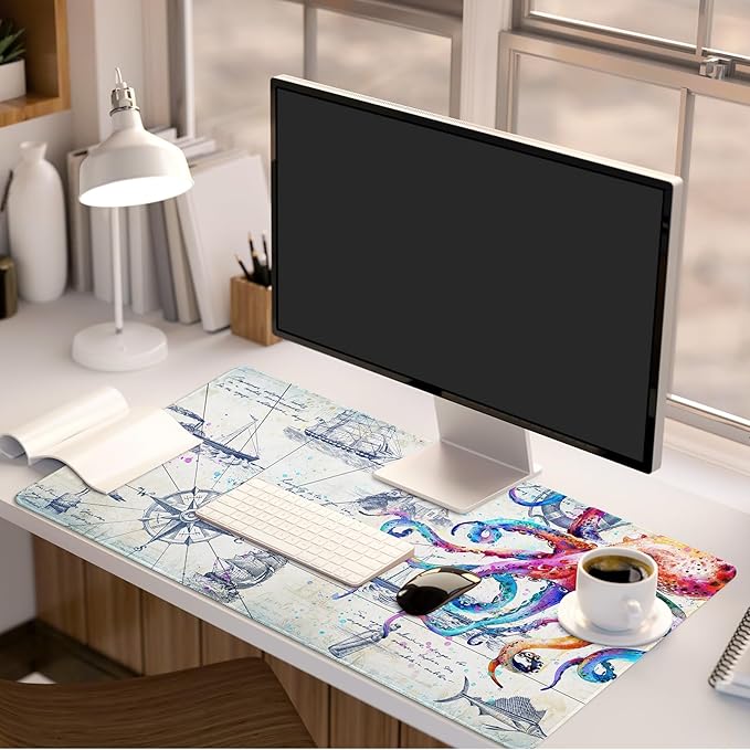 Large Gaming Pad Desk Mat for Desktop Big Computer Pad Grey Desk Pad Computer Desk Mat for Keyboard Cool Non-Slip Gaming Mat for Men Boys 35.4x15.7 Octopus