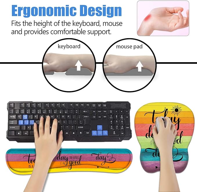 Mouse Pad Wrist Support and Keyboard Wrist Rest Set with Coasters Today is a Good Day to Have a Good Day Inspirational Quote with Non-Slip PU Base Ergonomic Mousepad for Computer Laptop Home Office