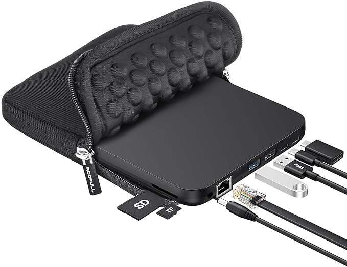 ROOFULL New USB 3.0 External CD DVD Drive with Ethernet Adapter USB-A/C Ports SD/TF Card Slot Carrying Case USB-C CD DVD Reader Burner Writer Player Optical Disc Drive for Windows &amp Mac Laptop
