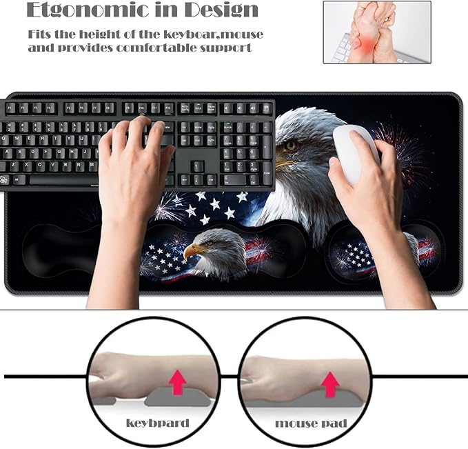 Ergonomic Keyboard Wrist Rest &amp Mouse Pad Wrist Rest SetXL Gaming Desk Mat 31.5x 11.8Non-Slip BaseMemory FoamEasy Typing Pain Relief for Office &amp HomeBald Eagle US Flag Fireworks