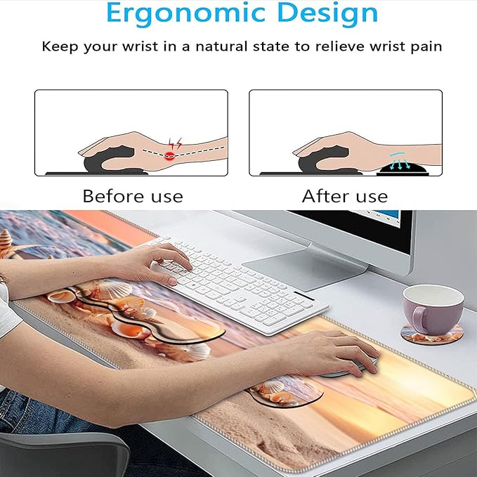 Keyboard Mouse Pad SetLarge Mouse Pad+Keyboard Wrist Rest+Wrist Support+Coaster31.5x11.8in Extended Desk Mat for Computer Laptop Office Home-Sandy Beach Shell