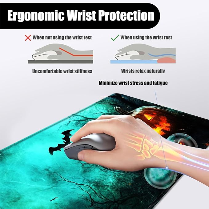 Mouse PadLarge Desk Mat Set 4in1 XL Mousepad + Keyboard Wrist Rest+Mouse Wrist Rest+Coaster with Ergonomic Desk Pad for Home Office Table Computer Cover -Halloween Pumpkins and Bat