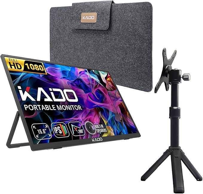 Kado Portable Monitor 15.6'' FHD 1080p VESA/Clamp Tripod Stand Set USB-C HDMI Gaming Monitor Ultra-Slim IPS Display Built-in Speakers External Monitor for Laptop PC Phone Mac Xbox PS4/PS5 Switch