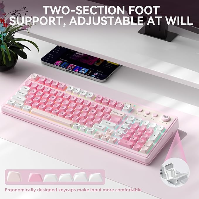 Aula F3099 Wireless Keyboard with Media Knob Tri-Mode BT5.0/2.4GHz/USB-C Cute Creamy Keyboard with Number Pad RGB Backlit Gaming Keyboard Quiet Typing Pink Computer Keyboards for Office Laptop/PC