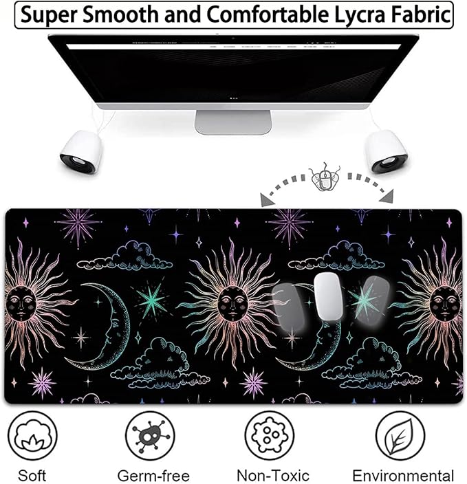 Large Gaming Mouse Pad 31.5x11.8 in Extended Computer Mouse Mat with Non-Slip PU Base Ergonomic Memory Foam Keyboard Wrist Rest for Work &amp Gaming Cute Sun Moon Black Office Desk Pad