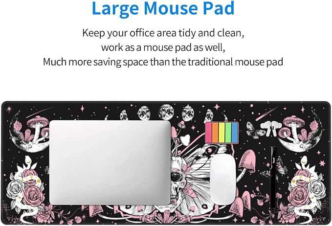 Hippie Mushroom Skull Mouse Pad Extended XL Gaming Mice Pad Office Desk Mat with Stitched Edges Non-Slip Oversized Desk Pad 31.5 X 11.8 Inch