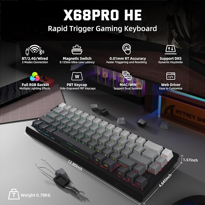 ATTACK SHARK X11 &amp X68 PRO HE Wireless Gaming ComboRapid Trigger Hall Effect Magnetic Switch 8K KeyboardUltra-Light 22K DPI PAW3311 Optical Sensor MouseRGB Backlit Tri-Mode with Coiled Cable-Gr