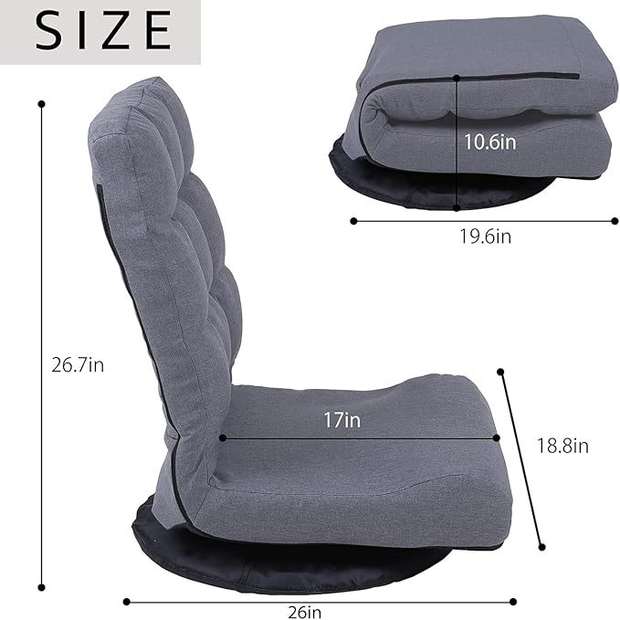 Swivel Floor Chair for TeensMultipurpose Gaming Chair Rocker for TV Reading Playing Video Games Lumbar Support Adjustable Foldable Backrest (Grey)