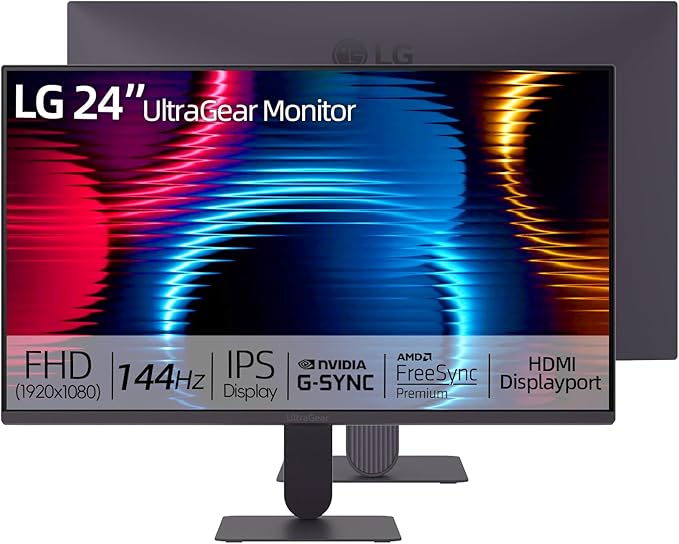 LG 24 Ultragear FHD Gaming Monitor IPS Display 144Hz Refresh Rate 1ms MBR HDR10 sRGB 99% Color Gamut NVIDIA G-SYNC Compatible AMD FreeSync HDMI DisplayPort Vase Mountable Tilt Black