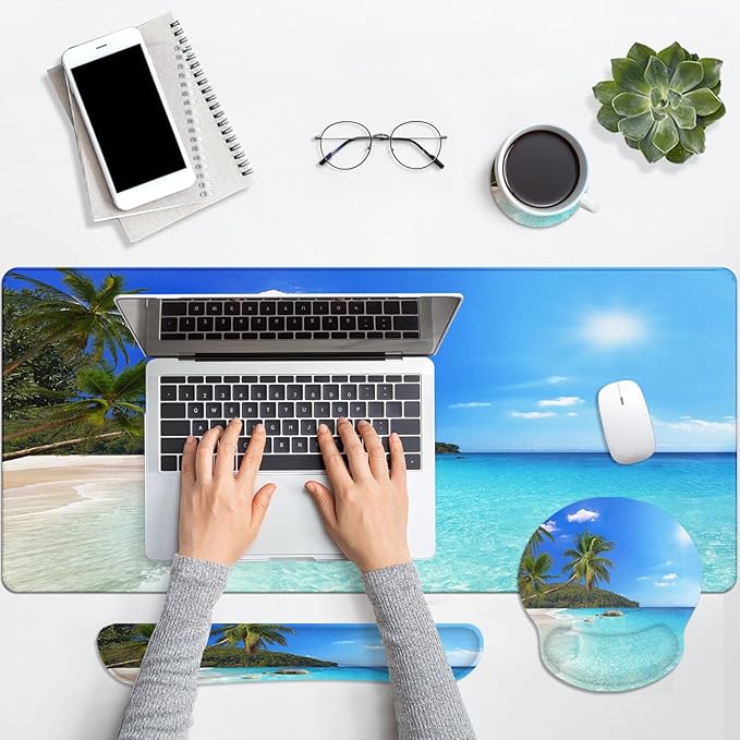 Arttown Tropical Sunshine Beach Desk Mat Summer Ocean Mouse Pad Set 4 in 1 Ergonomic Design Large Desk Pad + Keyboard Wrist Rest + Mouse Wrist Rest + Coaster Suitable for Home Office Study Game