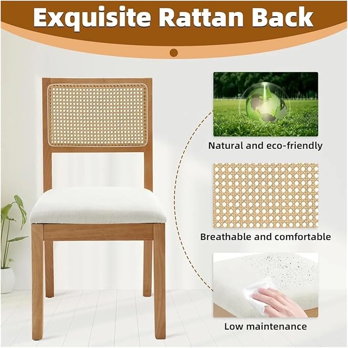 Adjustable Office Computer Chair with Armrest 1pcs Rattan Backrest Dining Chairs with Upholstered Cushion Solid Wood Frame and Legs(Black)