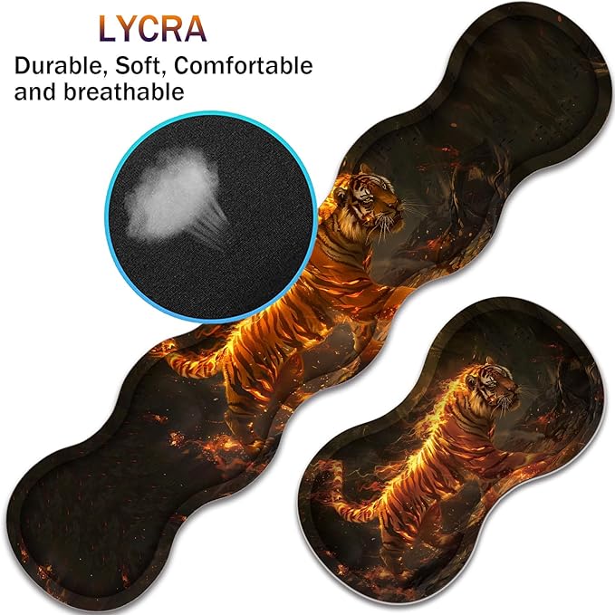 Large XXL Gaming Desk Mat 31.5x 11.8 Ergonomic Keyboard Wrist Rest &amp Mouse Pad Wrist Rest + Coaster Set Non-Slip Base Memory Foam Office and Home Fire Tiger
