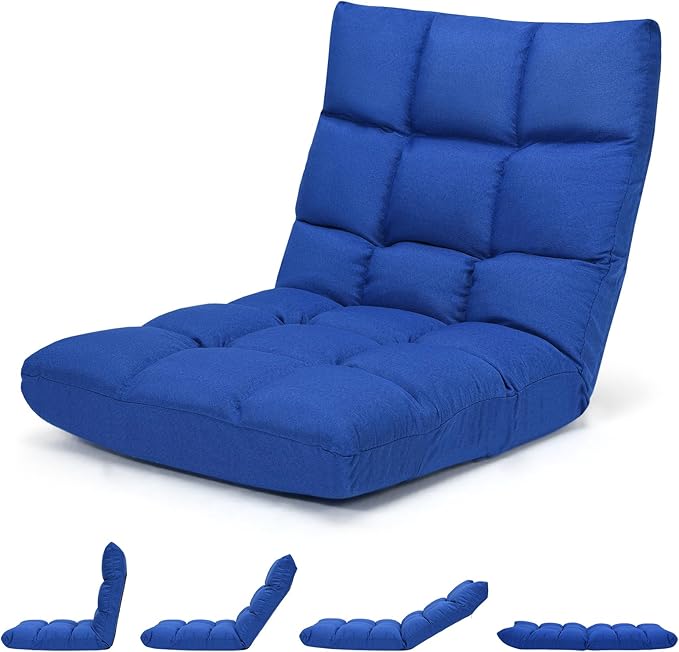 MAT EXPERT 14-Position Floor Chair Floor Gaming Chair w/Resilience Sponge Alloy Steel Frame Padded Bed Couch Recliner Floor Chair with Back Support for Reading Meditating (Blue)