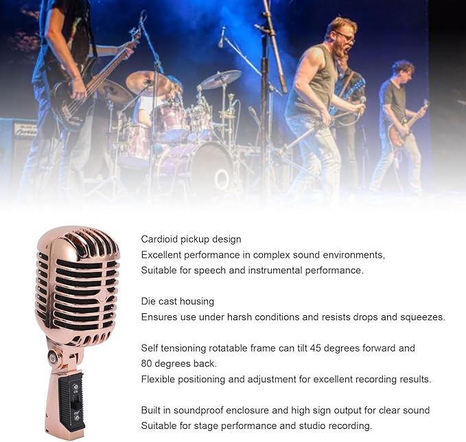 EBTOOLS Dynamic Microphone Professional Cardioid Pickup Vintage Retro Mic with Shock Mount for Stage Performance Studio Recording (Rose Gold)