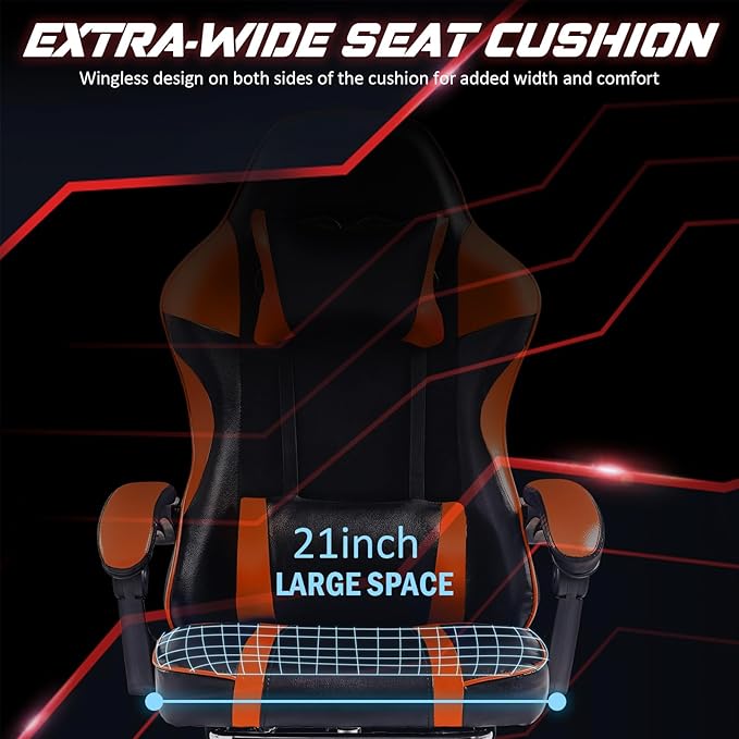 450lbs Big and Tall Gaming Chair with Footrest – Heavy Duty Wide Seat Video Game Chair for Adults Reclining PU Leather High Back Computer Office Desk Chair with Lumbar Support (Model F Black+Orange)