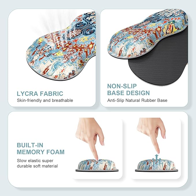 iLeadon Mouse Pad Set Desk Mat + Mouse Pad with Wrist Rest + Keyboard Wrist Rest + Coaster 4in1 Large Gaming Mouse Pad Set for Home Office Retro Boho Floral Blue