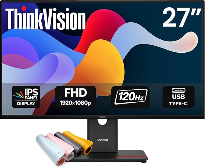 Lenovo ThinkVision T27-40 27-inch FHD IPS Monitor – 120Hz 1920x1080 99% sRGB Natural Low Blue Light Ergonomic Height Adjustable Stand with USB Hub HDMI DisplayPort VESA Mount – W/MAJ Deskpad