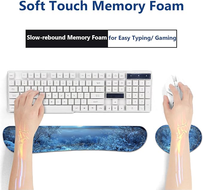 Large Mouse Pad + Keyboard Wrist Rest Set Extended Gaming Mousepad (31.5X11.8 inch) with Non-Slip Rubber Ergonomics Memory Foam Mouse Wrist Rest Support Winter Snow Tree XXL Desk Pad